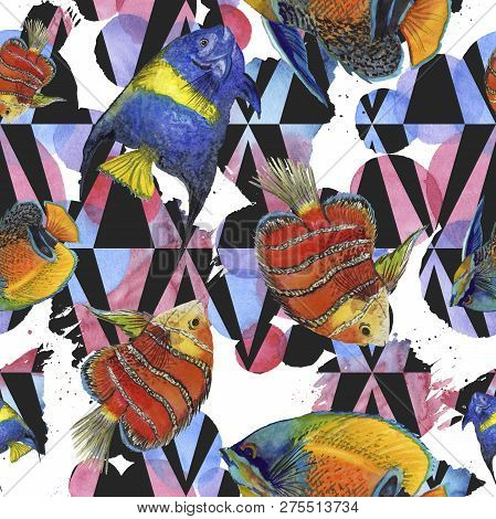 Watercolor Aquatic Underwater Colorful Tropical Fish Illustration Set. Seamless Background Pattern.