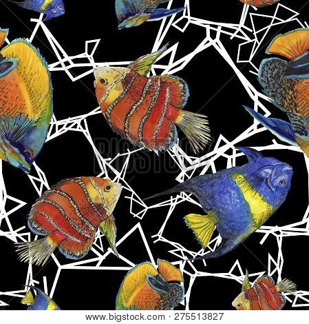 Watercolor Aquatic Underwater Colorful Tropical Fish Illustration Set. Seamless Background Pattern.