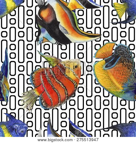 Watercolor Aquatic Underwater Colorful Tropical Fish Illustration Set. Seamless Background Pattern.