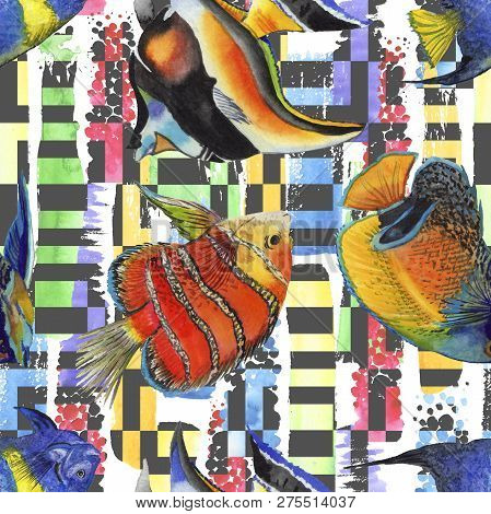 Watercolor Aquatic Underwater Colorful Tropical Fish Illustration Set. Seamless Background Pattern.