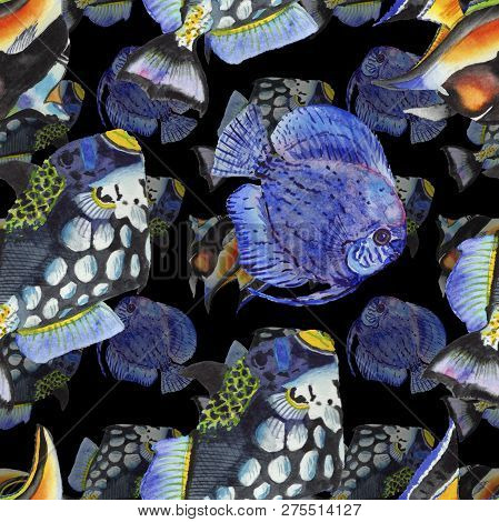 Watercolor Aquatic Underwater Colorful Tropical Fish Illustration Set. Seamless Background Pattern.