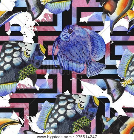 Watercolor Aquatic Underwater Colorful Tropical Fish Illustration Set. Seamless Background Pattern.