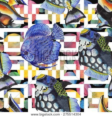 Watercolor Aquatic Underwater Colorful Tropical Fish Illustration Set. Seamless Background Pattern.