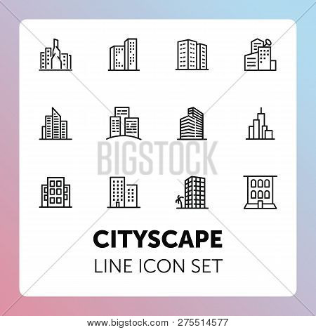 Cityscape Line Icon Set. Set Of Line Icons On White Background. Architecture Concept. Building, Skys