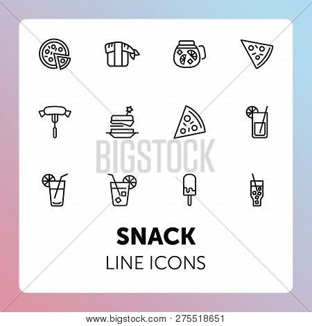 Snack Line Icons. Set Of Line Icons On White Background. Picnic Concept. Pizza, Cocktail, Sausage. C
