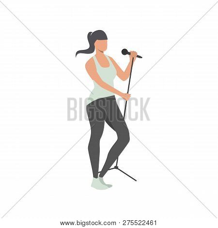 Woman Singing With Mic Flat Icon. Singer, Performer, Microphone Stand. Show Concept. Vector Illustra