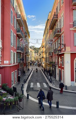 Nice, France - December 14 2018: Place Massena In Center Of Nice, Plassa Carlou Aubert. Travel And T