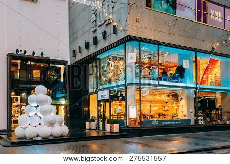 Helsinki, Finland - December 8, 2016: New Year Lights Xmas Christmas Decorations And Festive Illumin