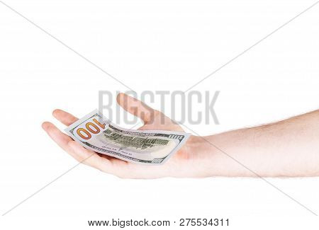 Dollars Falling On Man's Hand With Money On A White Background