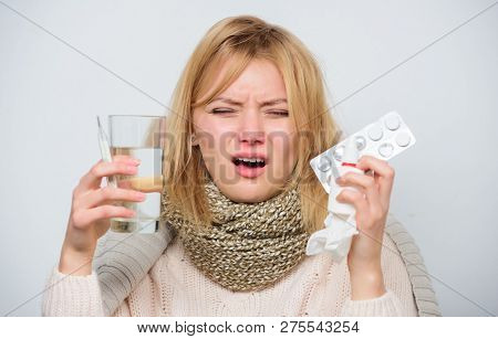 Woman Sick Person Hold Glass Water And Tablets Blister. Take Pills Relieve Fever. Drink Plenty Of Fl