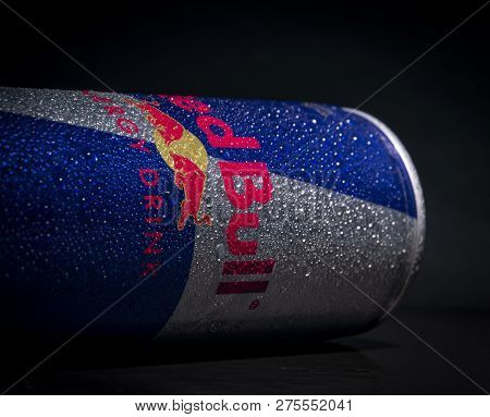 Sankt-petersburg, Russia - December 25, 2018: Aluminum Can Of Redbull Drink With Water Drops Over Da