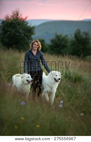 Beautiful Women And Two White Dogs Morema Stand On Grass
