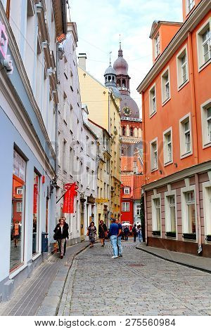 Riga, Latvia - Augustl 28, 2018: View From Kramu Street To The Old Buildings And Top View Of Riga Ca