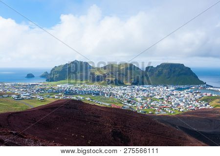 Heimaey Town Aerial View From Eldfell Volcano. Iceland Landscape. Westman Islands