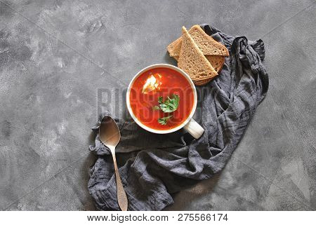 Traditional Ukrainian Russian Borscht . Bowl Of Red Beet Root Soup Borsch With White Cream On Gray R