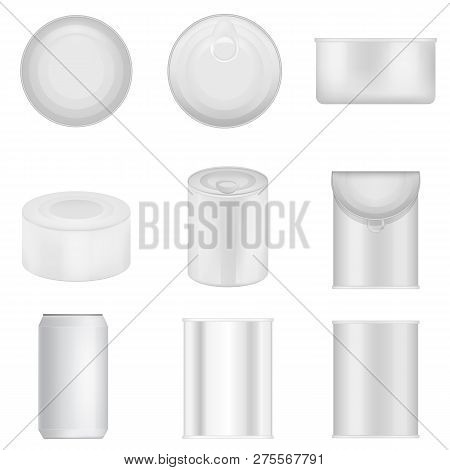 Tin Can Jalopy Grocery Food Package Mockup Set. Realistic Illustration Of 9 Tin Can Jalopy Grocery F