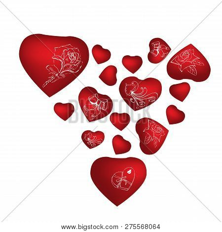 Red Hearts With Valentine's Day Theme  Hand Drawn Symbols. Elements For Greetin Card, Template, Bann
