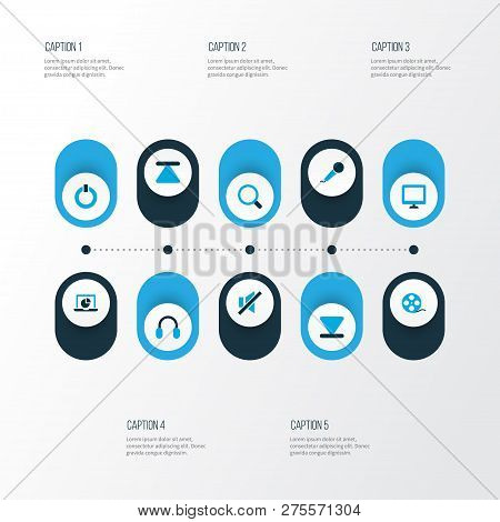 Media Icons Colored Set With Search, Top, Monitor And Other Eject Elements. Isolated Vector Illustra