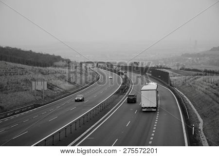 Oparno, Czech Republic - December 19, 2018: Cars And Camion On Highway D8 Near Oparno Village In Cze