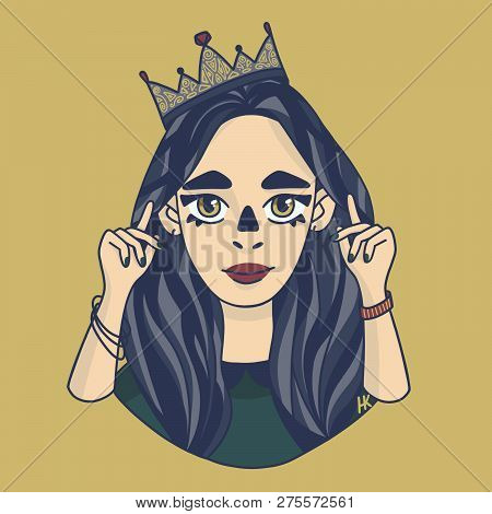 Raster Illustration. Portrait Of A Girl With A Crown. Cartoon Character