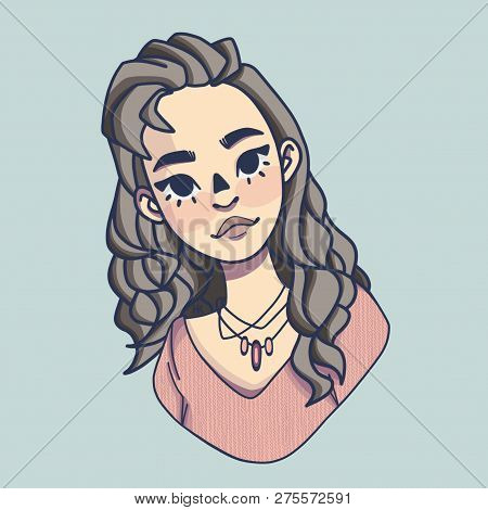 Illustration Of A Portrait Of A Girl With Long Hair In A Pullover