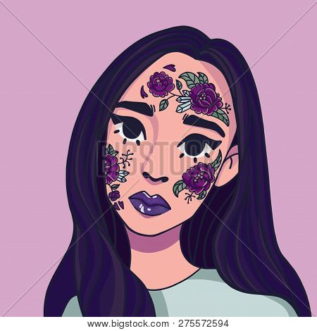 Girl With Flowers On Her Face, Body Painting, Tattoo
