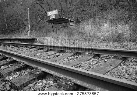 Oparno, Czech Republic - December 19, 2018:  Train Track In Oparenske Udoli Valley In Forest In Czec