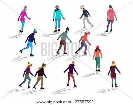 Crowd Of People Skating On Ice Rink Outdoor Activities. Group Of Male And Female Flat Cartoon Charac
