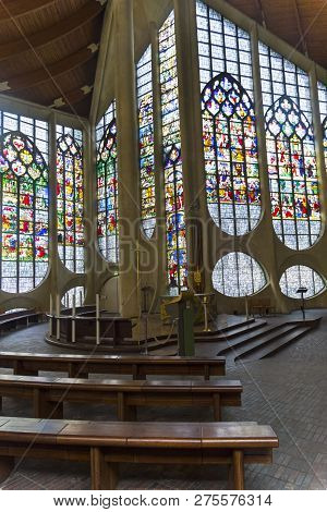 Rouen, France - August 30, 2018: Old Renaissance Stained Glass Windows In A Modern Catholic Church O