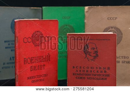Komsomol Card And Military Id Selective Focus With Multiple Soviet Union Official Documents Of Diffe