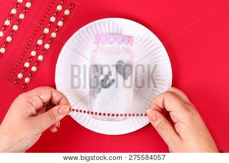 Diy Fairy Jar On Red Background. Gift Ideas, Decor February 14, St Valentines Day, Love. Handmade La