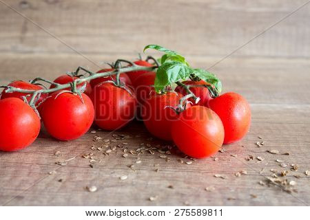 Tomatoes Cherry On Wooden Background. Red Tomatoes. Small Tomatoes