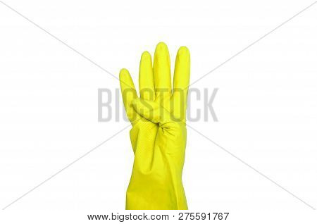 Signs Made Of Yellow Protective Gloves. Fingers Symbol Four. Isolated On White. The Concept Of Clean