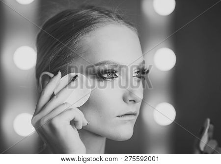 Woman Remove Makeup With Cotton Pad. Woman Use Cotton Pad For Cleaning Face Skin. Makeup Application