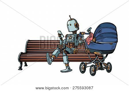 Mom Robot Resting In The Park With A Baby Stroller. Motherhood. Pop Art Retro Vector Illustration Ki