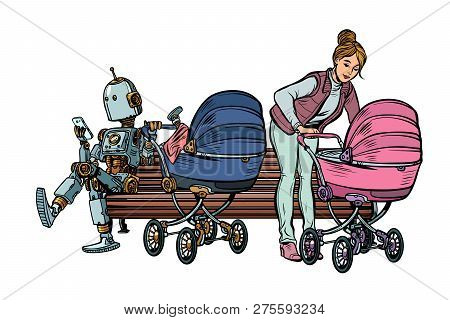 Young Mother And Robot With A Baby Carriage, Park Bench. Pop Art Retro Vector Illustration Kitsch Vi