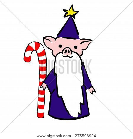 Funny Costumed Colour Pig Mage With Candy Staff