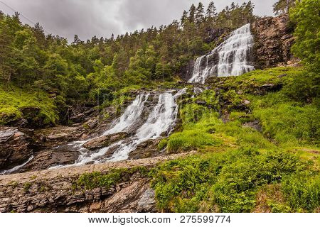 Svandalsfossen In Norway, Waterfall In Norwegian Mountains. National Tourist Ryfylke Route.