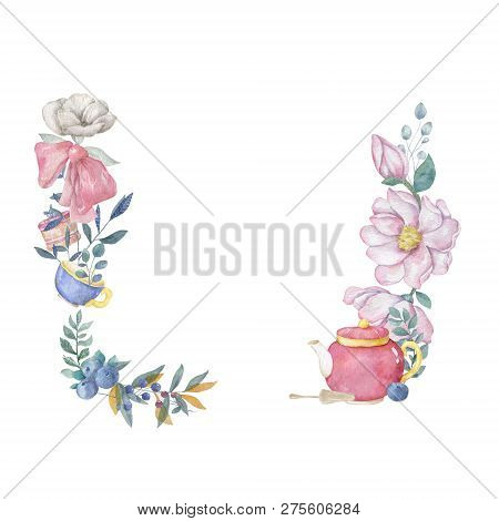 Watercolor Pink Flowers And Leaves Wreath. Hand Drawn Illustration. Square Clip Art Branch For Celeb