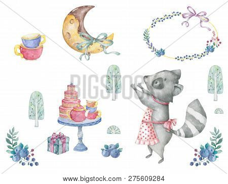 Greeting Card Illustration With Birthday Cake, Roccoon, Flowers And Chocolate Moon And Blue Pize Box