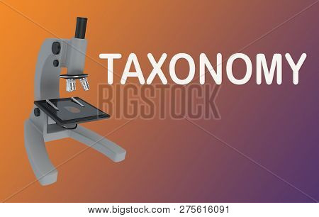 3d Illustration Of A Microscope With Taxonomy Title, Isolated On A Colored Gradient.