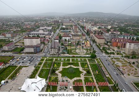Flower Park With The Symbol Of The Six-pointed Star Of David And Views Of The City Of Grozny, Chechn