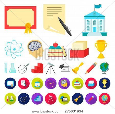 School And Education Cartoon, Flat Icons In Set Collection For Design.college, Equipment And Accesso