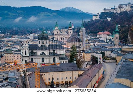 Salzburg Morning Cityscape With Main Cathedral, Kollegienkirche And Castle Fortress Hohensalzburg On
