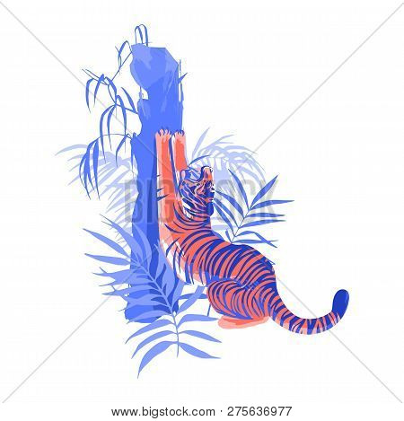 Tiger Stretching Hic Body, Yawning And Sharpening His Claws On A Tree Surrounded By Exotic Leaves.