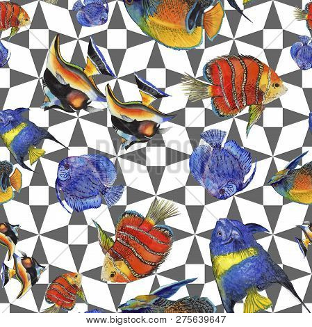 Watercolor Aquatic Underwater Colorful Tropical Fish Illustration Set. Seamless Background Pattern.
