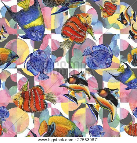 Watercolor Aquatic Underwater Colorful Tropical Fish Illustration Set. Seamless Background Pattern.
