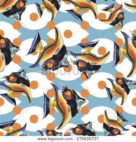 Watercolor Aquatic Underwater Colorful Tropical Fish Illustration Set. Seamless Background Pattern.