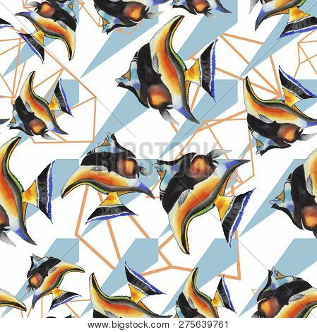 Watercolor Aquatic Underwater Colorful Tropical Fish Illustration Set. Seamless Background Pattern.