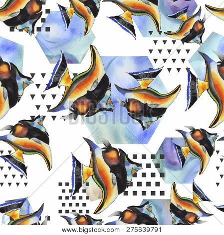 Watercolor Aquatic Underwater Colorful Tropical Fish Illustration Set. Seamless Background Pattern.